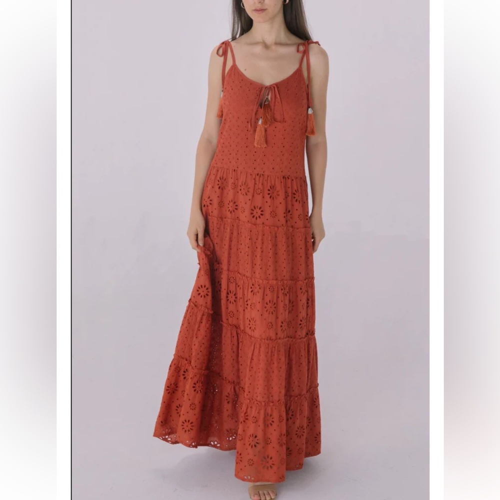 Rust eyelet tiered maxi dress